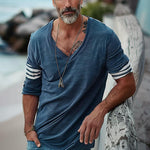 Men's Loose V-Neck Striped Patchwork Cotton Long-Sleeved T-Shirt