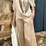 Women's Solid Color Loose Elegant Casual V-neck Mid-sleeve Suit