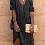 Cotton And Linen Solid Color Long Sleeve Casual Midi Dress