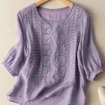 Women's Mid Sleeve Cotton And Linen Embroidery Blouse