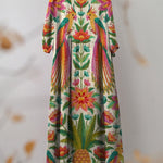 Women's Vintage Lovely Floral Birds Art Print Pocket Cotton Dress