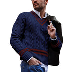 Men's Casual V-Neck Colorblock Striped Loose Knit Sweater