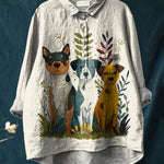 Puppy Dog In Botanical Garden Graphic Printed Women's Casual Cotton And Linen Shirt