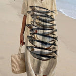 Women's Vintage Fish Art Print Casual Cotton And Linen Shirt