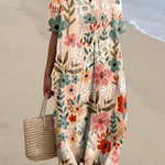 Women's Orange Floral Print Pocket Linen Dress
