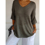 Women's Solid Color Knitted 3/4 Sleeve V-neck Top