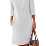 Spring Cotton And Linen Round Neck Long Sleeve Dress