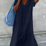 Women's V-Neck Short Sleeve Cotton And Linen Midi Dress