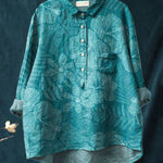 Vintage Floral Art Print Casual Cotton And Linen Shirt