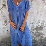 Stylish Cotton and Linen V-neck Dress