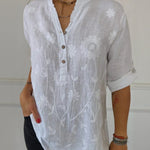 Women's Art Print Casual Cotton And Linen Henry Collar Shirt