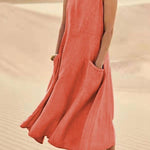 Women Sleeveless Sundress Elegant Round Neck Cotton Linen Solid Long Tank Casual Summer Dress