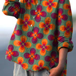 Women's Vintage Four-leaf Clover Floral Print Casual Cotton And Linen Shirt