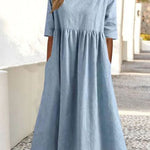 5-quarter Sleeve Casual Loose Solid Color Cotton and Linen Dress