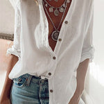 Women's Solid Color Loose Elegant V-neck Long-sleeved Cotton Shirt