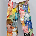 Watercolor Cute Cats Repeat Pattern Printed Women's Cotton And Linen Casual Pants