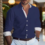 Men's Printed Colorblock Lapel Cotton Blend Long Sleeve Shirt