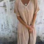 Stylish Cotton and Linen V-neck Dress
