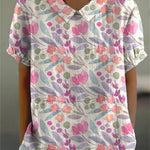 Watercolor Spring Garden Floral Repeat Pattern Printed Women's Casual Cotton And Linen Shirt