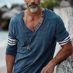 Men's Loose V-Neck Striped Patchwork Cotton Long-Sleeved T-Shirt