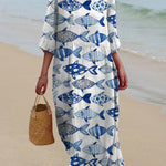 Watercolor Sea Fish Pattern Printed Women's Pocket Cotton Dress