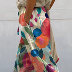 Oil Painting Summer Floral Art Printed Women's 100%Cotton Casual Pants