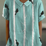 Women's Retro Bird Branch Pattern Printed Casual Cotton and Linen Shirt