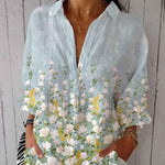 Women's White and Yellow Small Floral Print On Blue Background Casual Linen V-neck Shirt