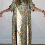 Women's Lovely Floral Art Print Linen Cotton Buttons Dress