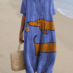 Cute Dachshund Floral Art Print Cotton and Linen Long Sleeve Shirt