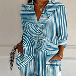 Geometric Line Pattern Printed Women's Casual Cotton Shirt