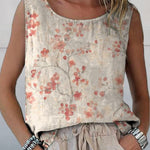 Women's Retro Floral Art Print Casual Cotton And Linen Tank Top