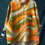 Hippie Style Swirl Pattern Printed Women's Casual Cotton And Linen Shirt