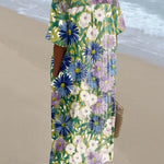 Women's Blue and Purple Chrysanthemum Floral Print Pocket Linen Dress