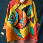 Geometric Tropical Fish Art Printed Women's Casual Cotton And Linen Shirt