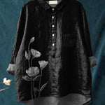 Ink And Wash Style Floral Printed Women's Casual Cotton And Linen Shirt
