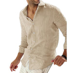 Men's Casual Solid Color Cotton Linen Lapel Collar Breathable Long Sleeve Shirt