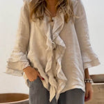 Women's Ruffles Casual Cotton And Linen 3/4 Sleeves Shirt