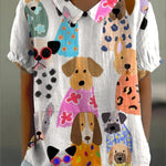 Women's Colorful Fun Cartoon Puppy Print Casual Cotton And Linen Shirt