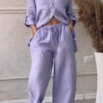 Casual solid color cotton and linen pants two-piece set