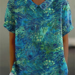 Women's Peacock Feather Print Casual Cotton Linen Shirt