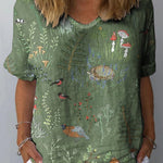Woodland And Animals Pattern Printed Women's Casual Cotton And Linen Shirt