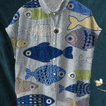 Women's Vintage Lovely Fish Art Print Casual Cotton Linen Shirt