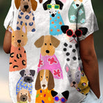 Women's Colorful Cartoon Puppy Print Casual Cotton And Linen Shirt