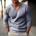 Men's solid color V-neck long-sleeved knitted pullover sweater
