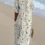 Women's Vintage Lovely Floral Art Print Casual Pocket Linen Dress（Convertible Dress With Front And Back Option）
