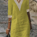 V-neck Mid-sleeved Cotton and Linen Casual Dress