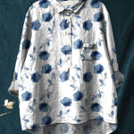 Women's Cute Little Blue Flower Print Casual Cotton And Linen Shirt