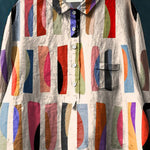 Geometric Block Pattern Printed Women's Casual Cotton And Linen Shirt