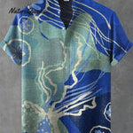 Women's Hand Painted Dark Blue Ocean Art Print Casual Cotton Shirt